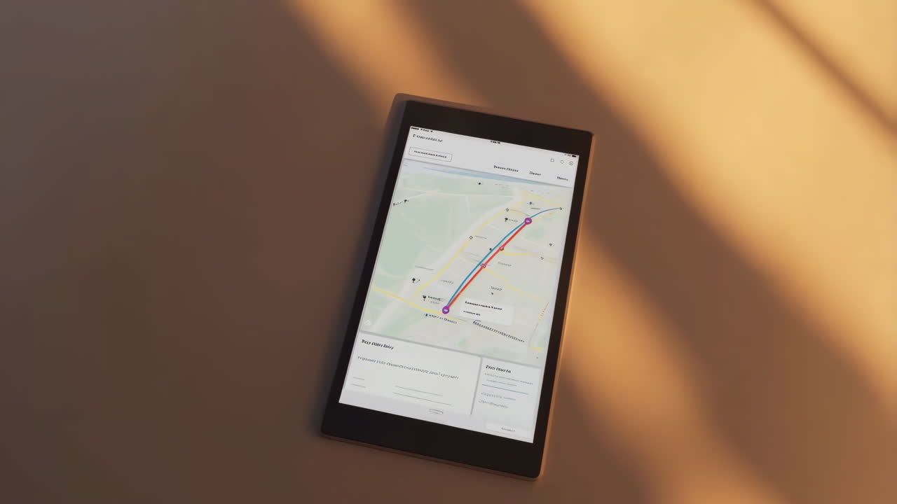 A tablet displaying a navigation app with a mapped route on a surface with warm lighting