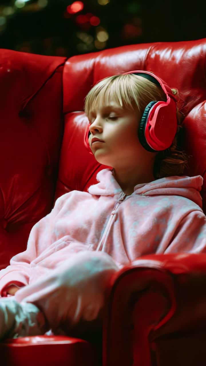 A Young Child Relaxing in a Cozy Environment While Wearing Headphones, Immersed in Music and Comfort on a Plush Red Couch, Capturing a Moment of Serenity and Peacefulness in a Festive Ambiance