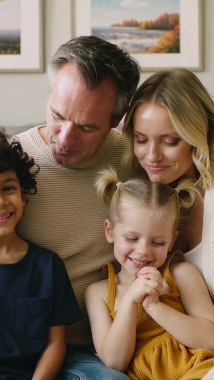 Vertical video: Clasping daughter leading parents leaning in on couch at home, wearing yellow dress