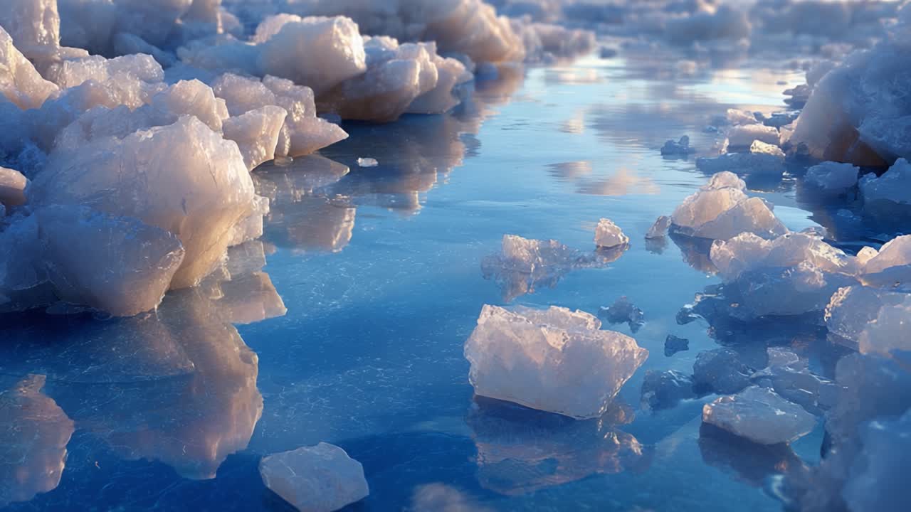 A Captivating Scene of Ice Fragments Floating on a Pristine Water Surface Reflecting Beautiful Light: Nature's Stunning Arctic Artwork