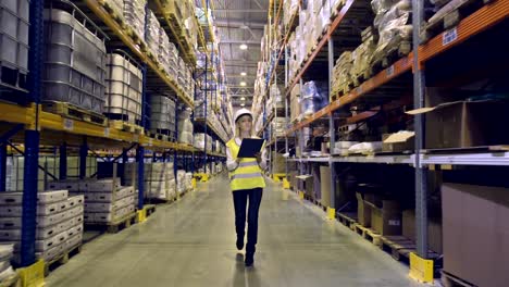 warehouse worker walks through rows of warehouse