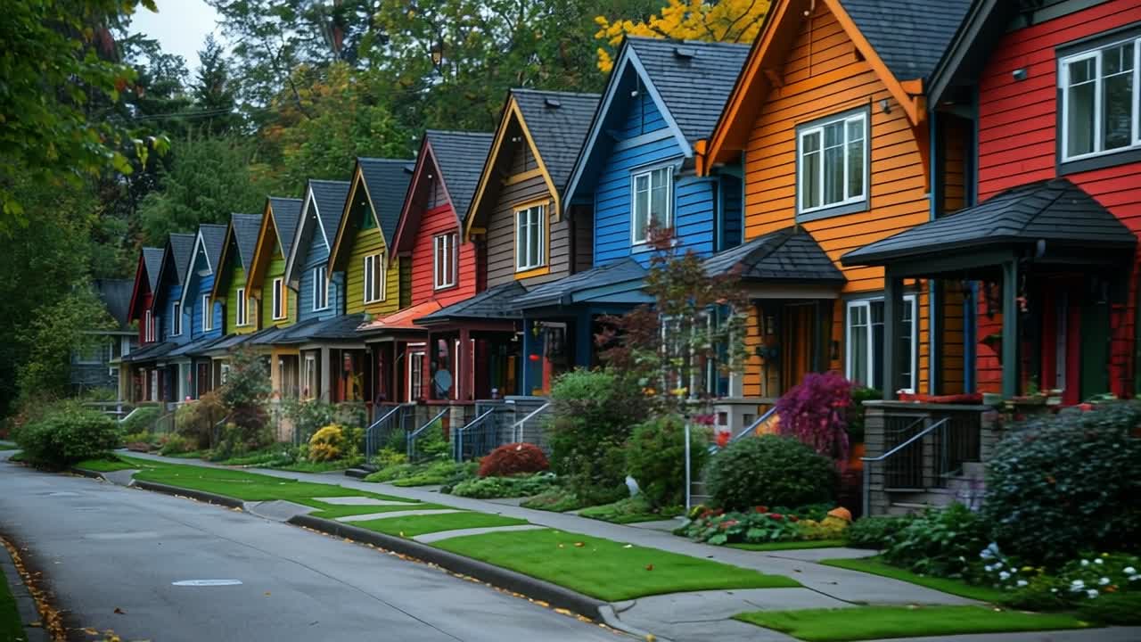 Colorful row of houses in autumn. Vibrant homes lined up on a quiet street showcase various colors amidst lush greenery and fall foliage.