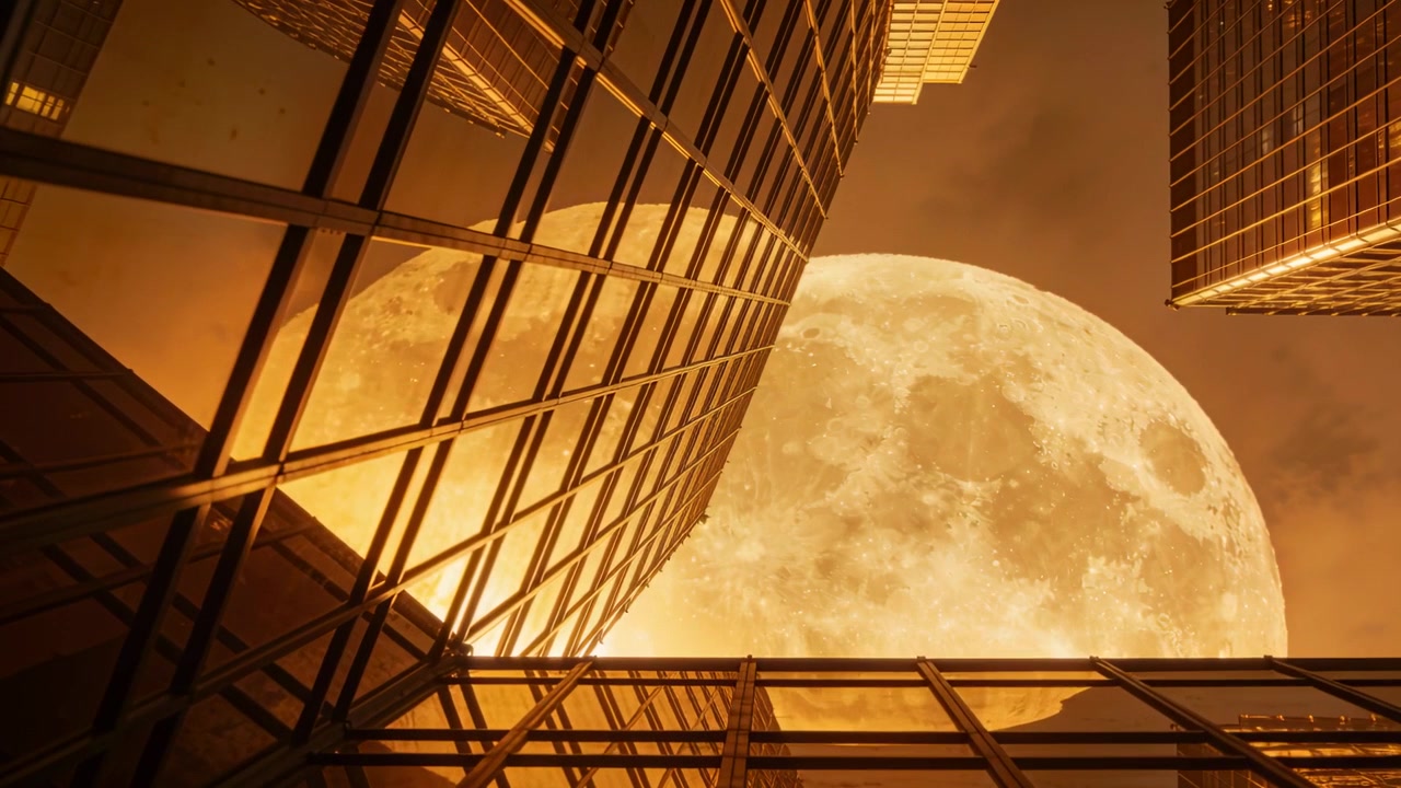Câmera subindo em panorâmica, revelando a lua cheia entre torres de vidro e uma ponte de metal para mostrar a geometria.