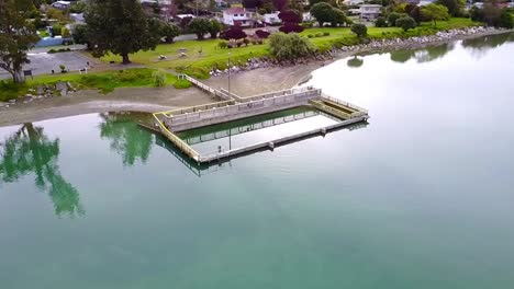 aerial shot of salt water bath in motueka, nelson, new zealand