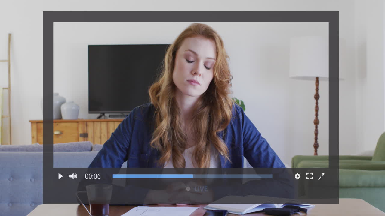 Animation of financial data processing over caucasian businesswoman recording vlog