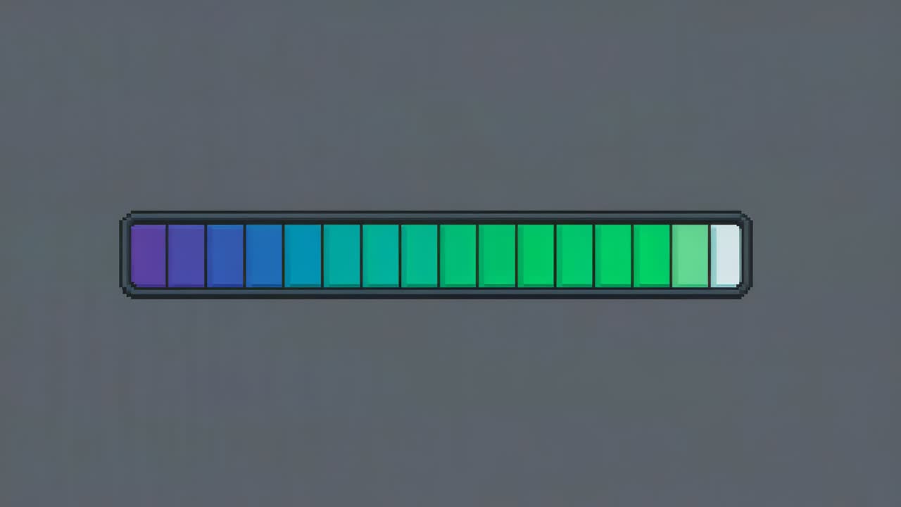 Appearing white glow starting bar moving left on gray backdrop turning tiles green showing progress
