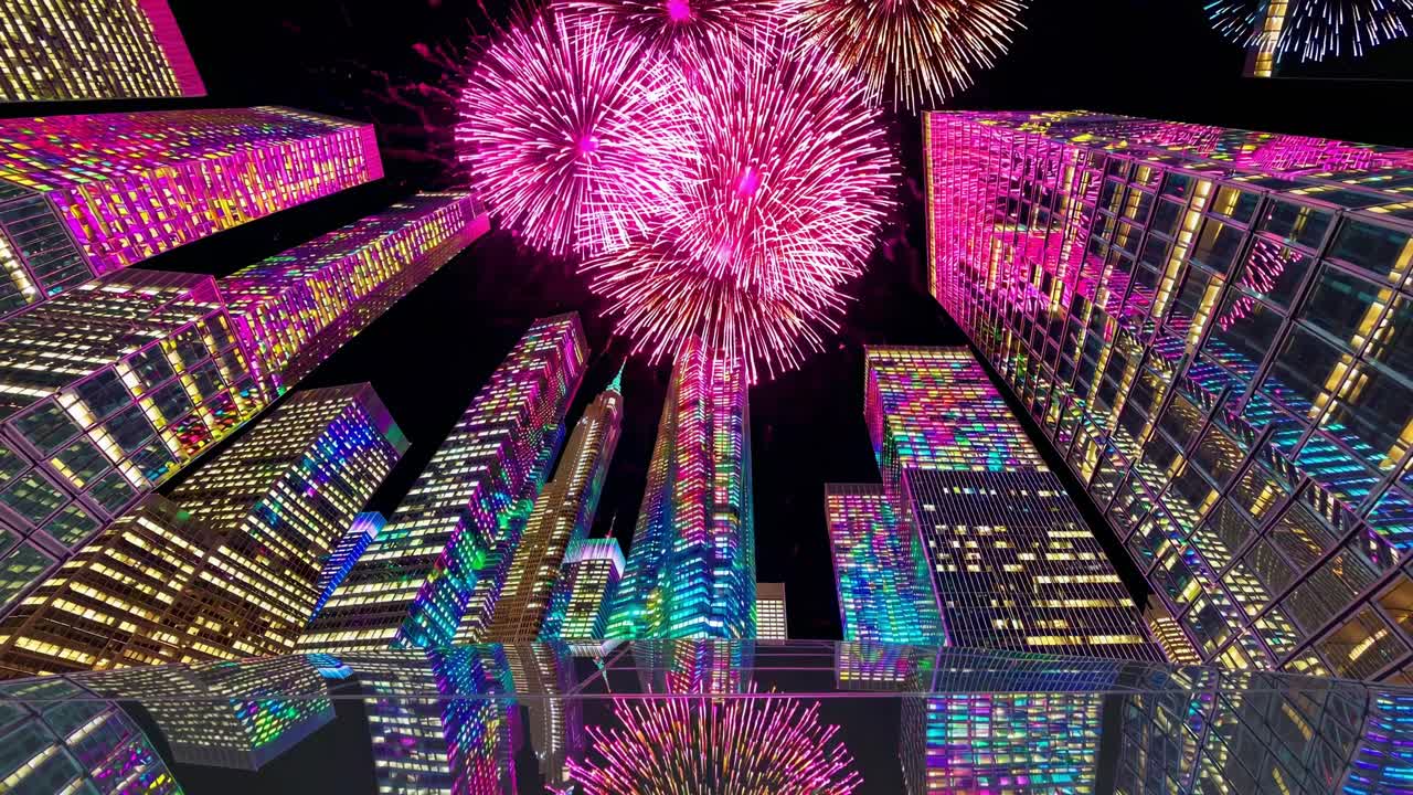 밤에는 조명 된 마천루 위의 불꽃놀이