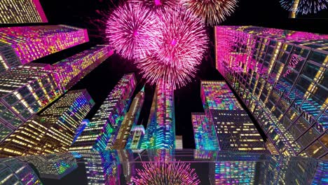 fireworks over illuminated skyscrapers at night