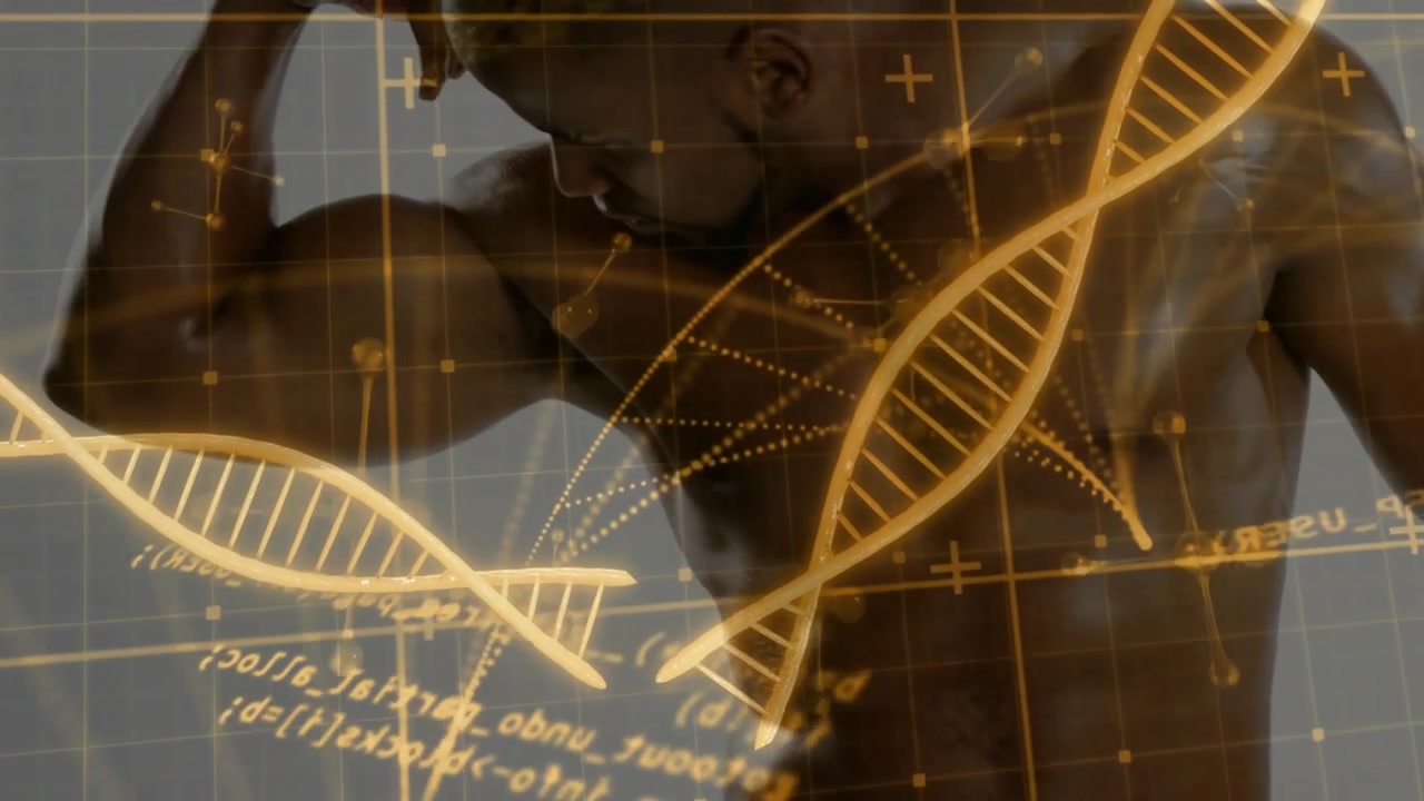 Male fitness model shifting torso then raising right arm, flexing while golden helix evolving