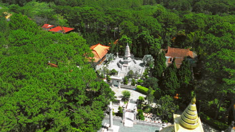 aerial view of a temple complex in a lush forest