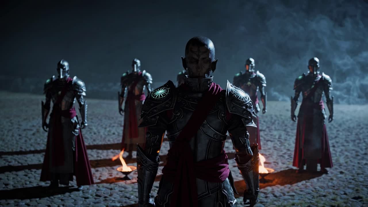 Fantasy warrior leading an army at night during a ritual ceremony, wearing metal armor and red capes, surrounded by torches that create a mystical atmosphere