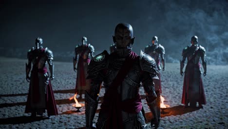 fantasy warrior leading an army at night during a ritual ceremony, wearing metal armor and red capes, surrounded by torches that create a mystical atmosphere