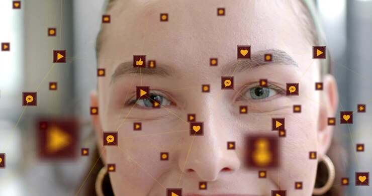 woman closing eyes as orange icons forming then opening eyes for tech demo pulsing dissolving icons
