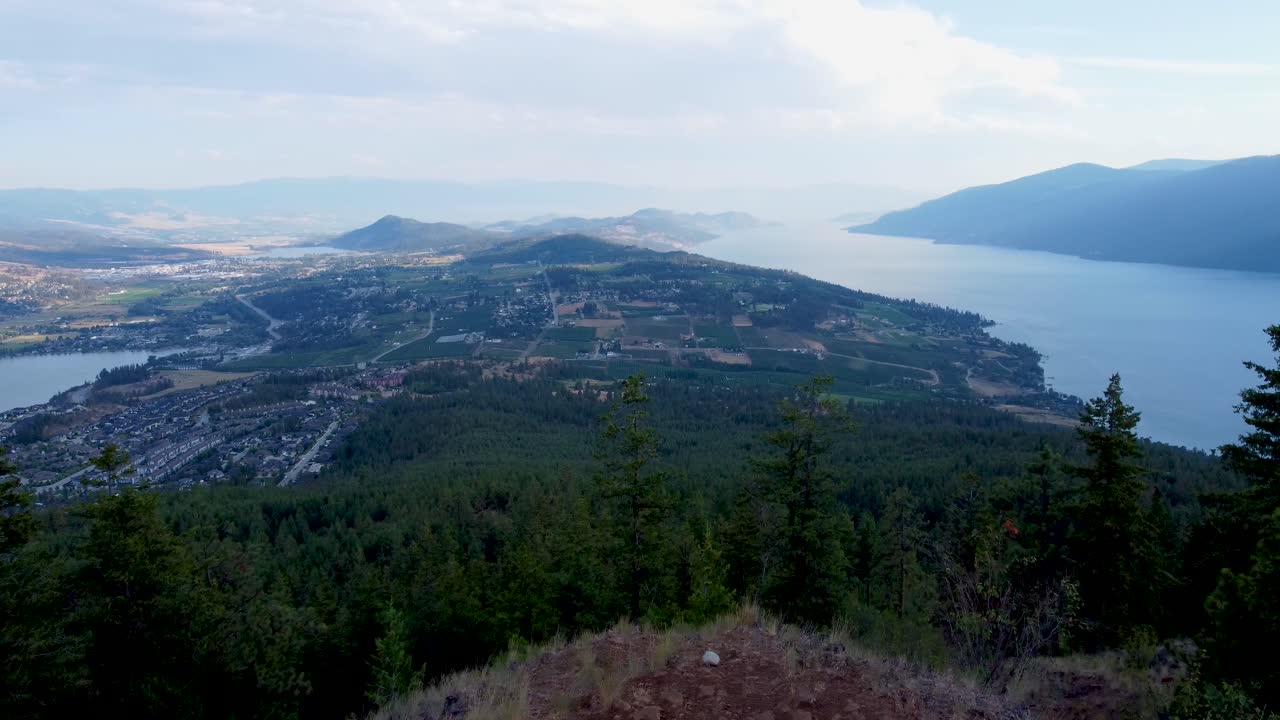 Panoramic Viewpoint in Canadian Mountains overlooking Okanagan Lake and Wood Lake in Lakecountry in British Columbia's Spion Kop Mt