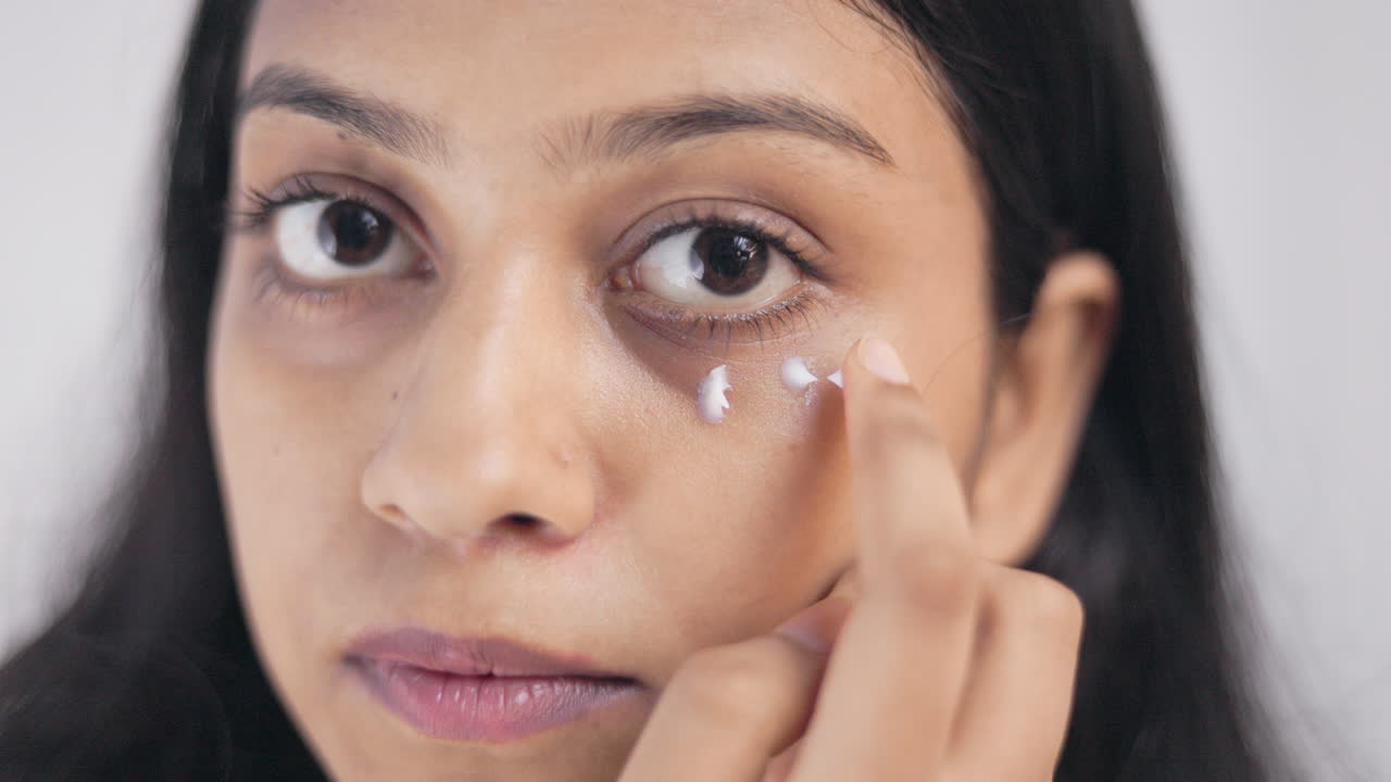 Close up shot of an Indian young lady applying moisturizing cream under eyes in white background, skin care concept.