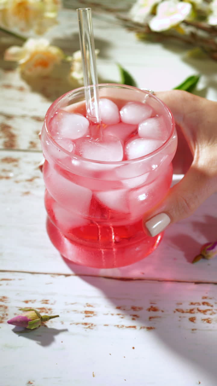 Close-up of a female hand stirring pink iced tea with a glass straw in a bubble-shaped glass filled with ice cubes on a whitewashed wooden table scattered with dried blossoms under warm sunlight.