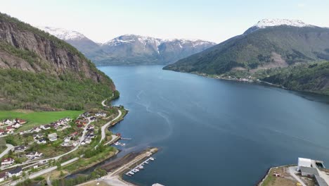 Gaupnefjorden-in-Sogn-and-Fjordane-Norway---Aerial-looking-towards-Luster-and-Sogndal-during-sunny-spring-day