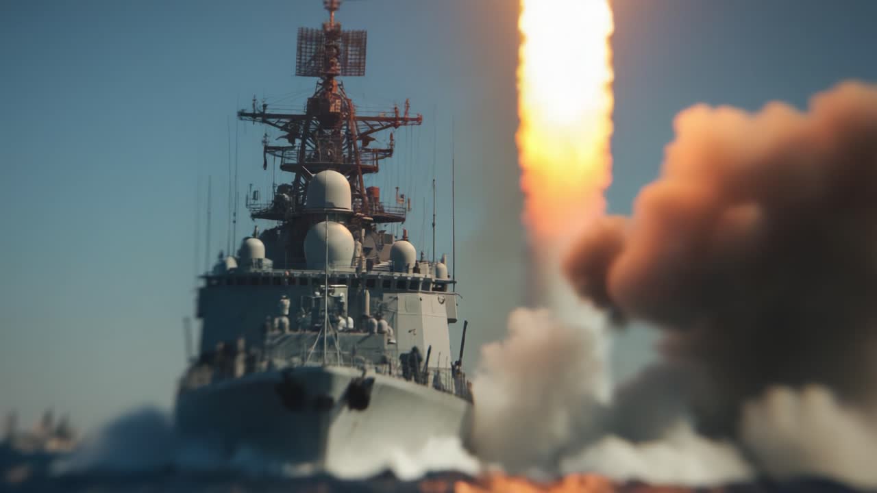 Una potente dimostrazione navale: Una nave da guerra lancia un missile tra esplosioni e fumo, mettendo in mostra la moderna tecnologia militare e la forza in alto mare.