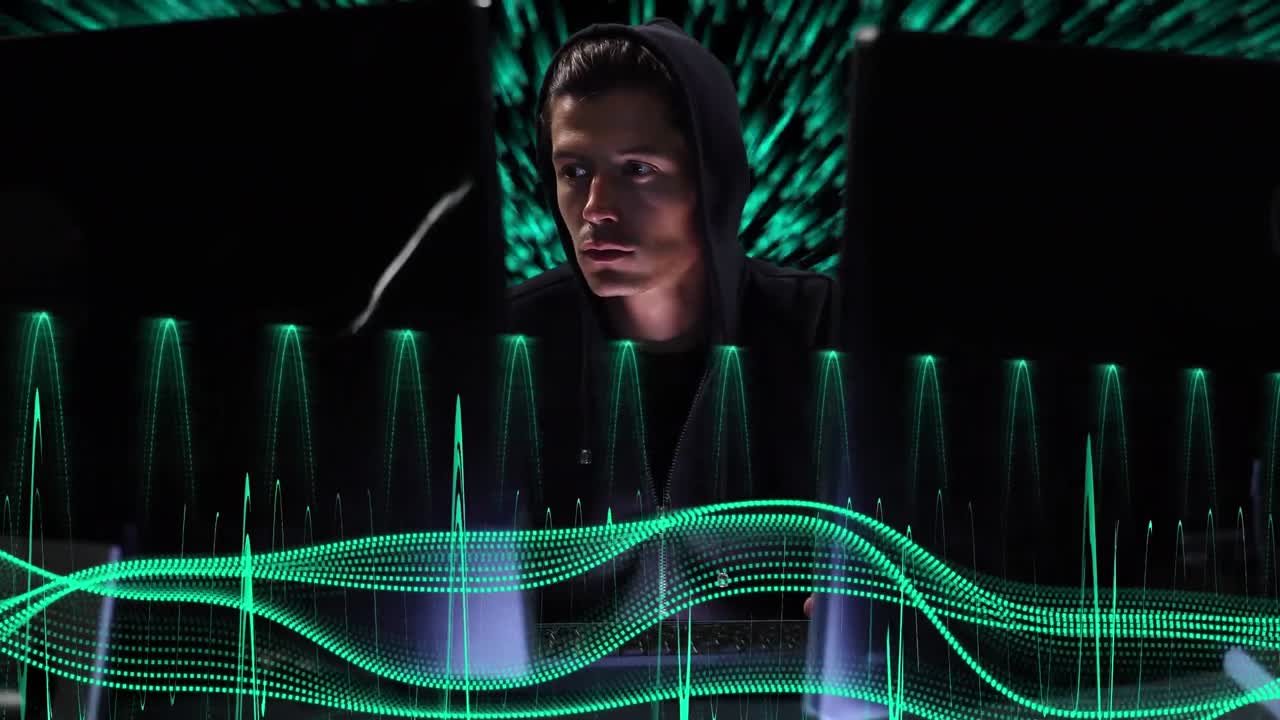 animación de formas y líneas de neón sobre un hacker caucásico