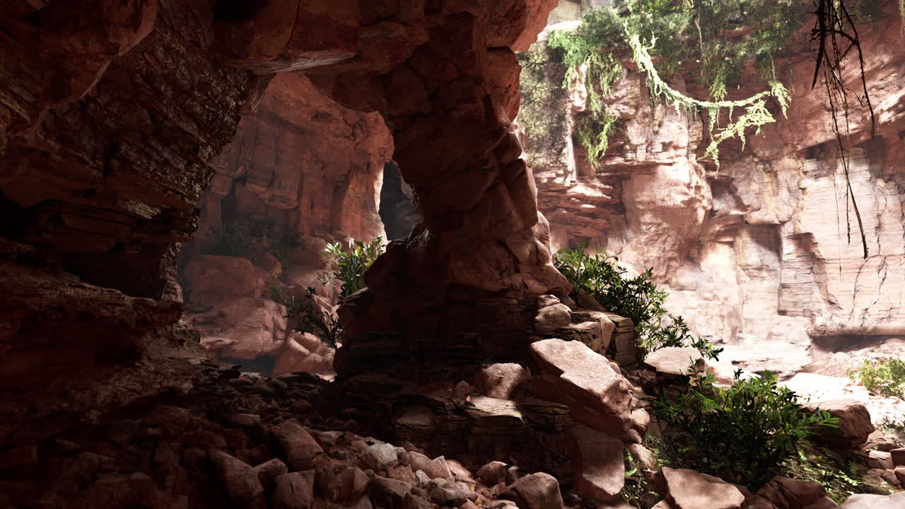 A dark cave with a stone archway and foliage growing around it.