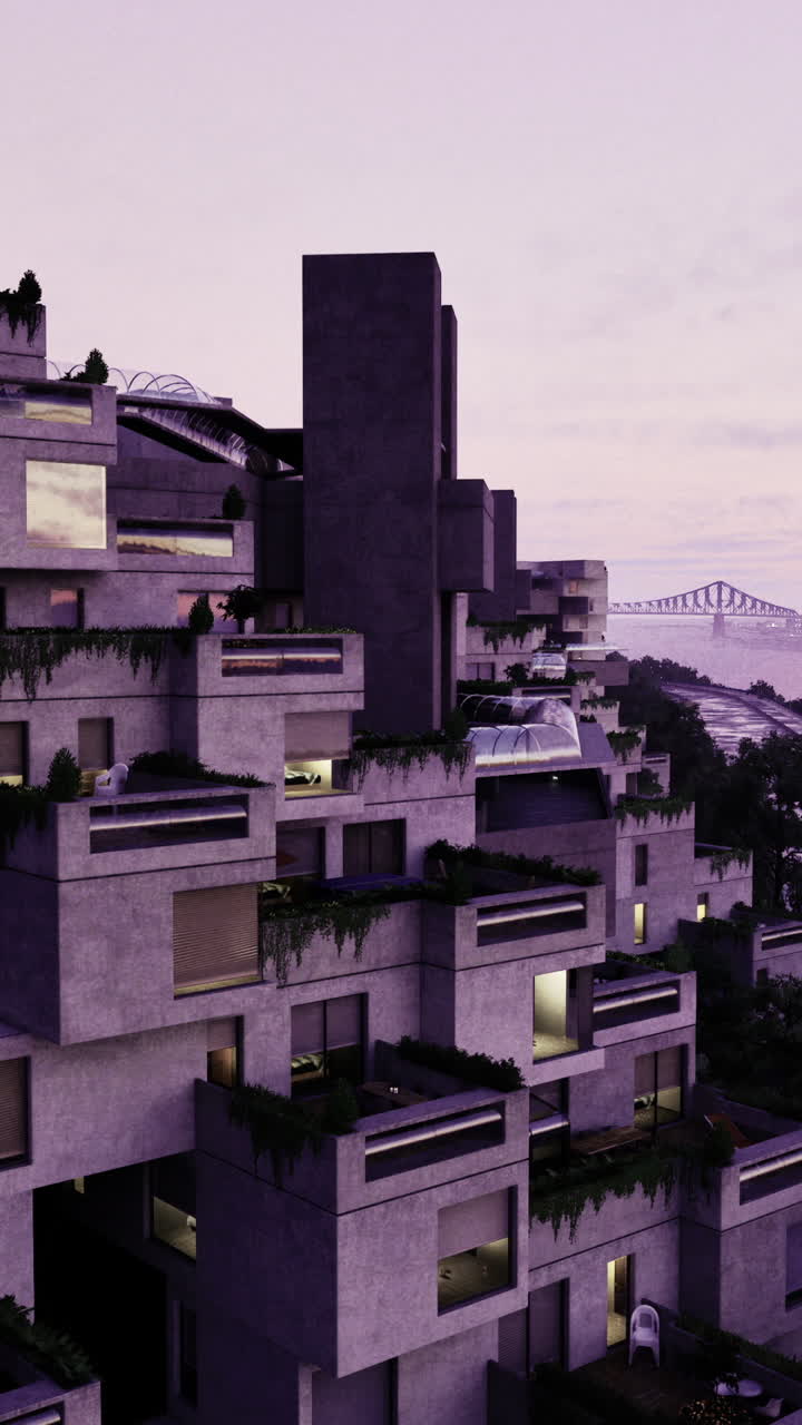 Unique architecture of modern buildings near waterfront at dusk