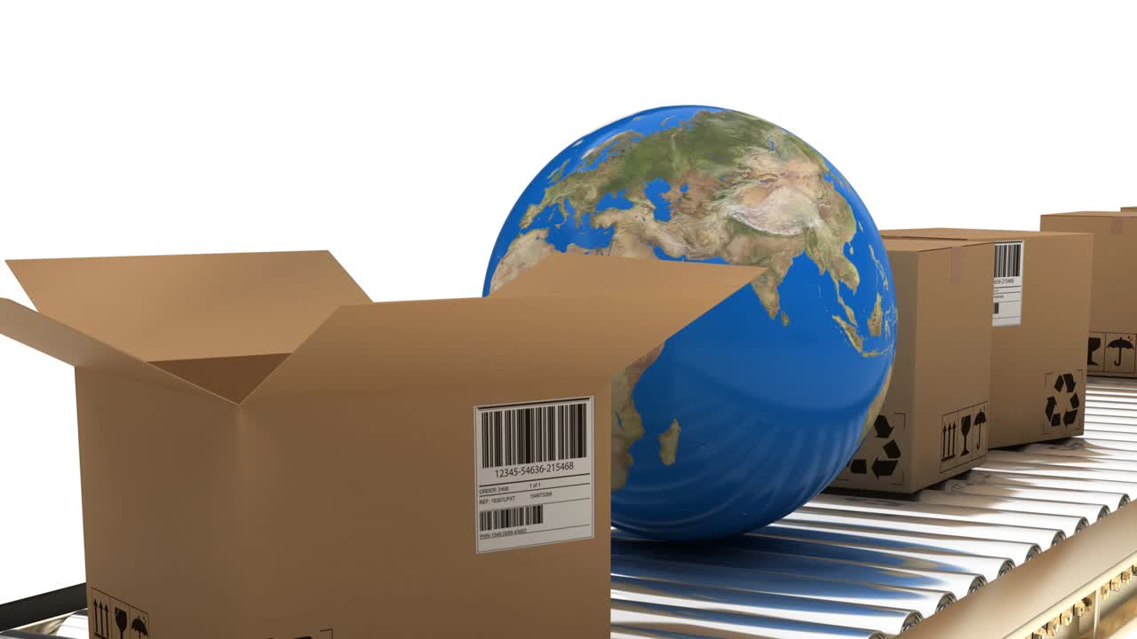 ⁇ 색 배경 에 있는 컨베이어 벨트 에 쌓인 여러 개의 카드보드 상자 위 에 있는 지구 의 애니메이션