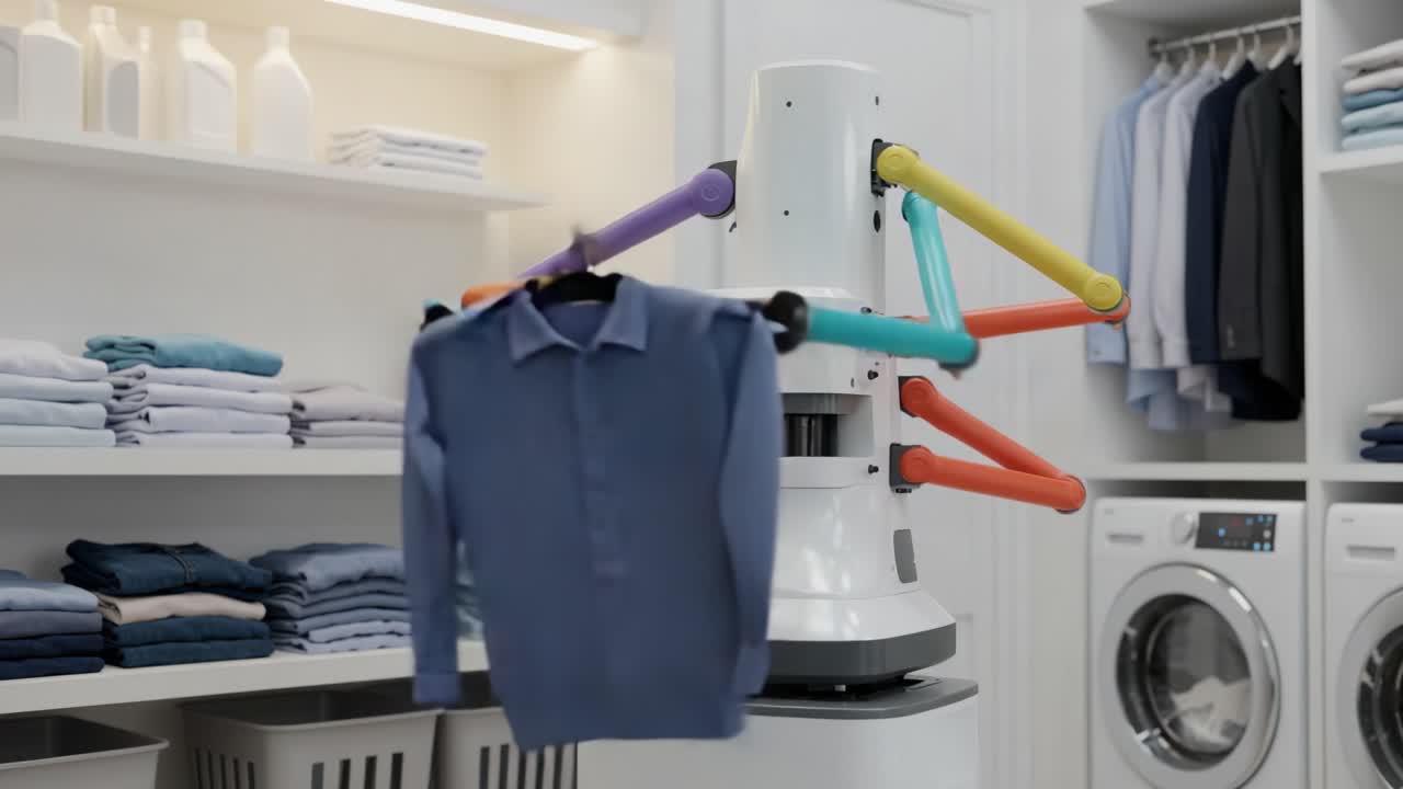 A Cutting-Edge Fabric Care Robot Demonstrates Its Automated Laundry Solutions, Perfectly Folding and Hanging Garments with Precision and Efficiency in a Modern Laundry Room