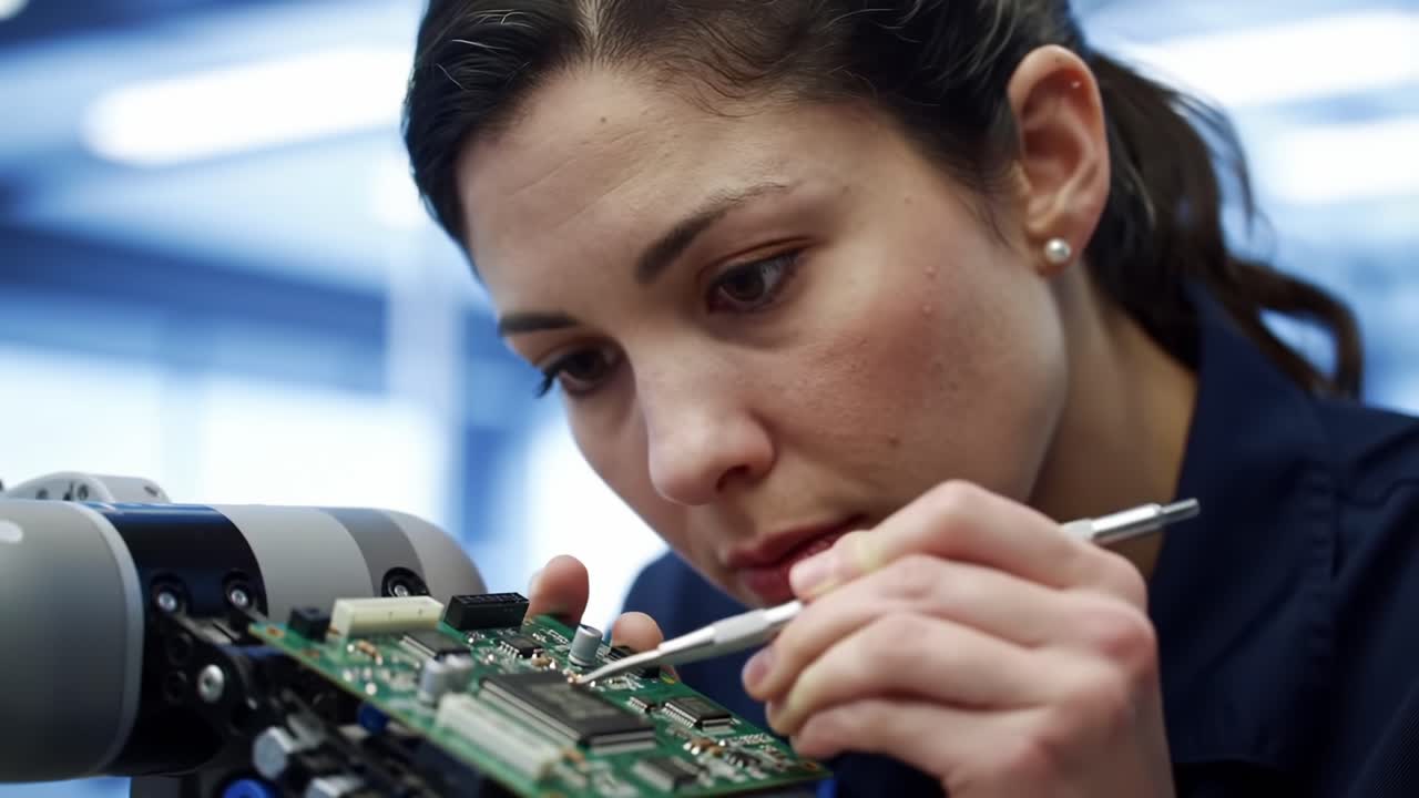 Detailed Precision Work in Electronics: A Technician Carefully Inspects and Repairs a Circuit Board with a Fine Tool for Optimal Performance and Functionality