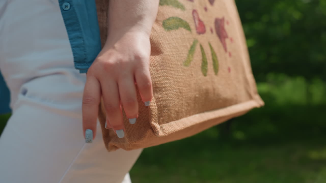 Primer plano de una mujer caminando al aire libre con una bolsa ecológica bordada con coloridos motivos florales a la luz del sol a lo largo de un sendero de arbustos verdes, con una camisa azul y un pantalón blanco, que simboliza la libertad veraniega