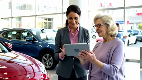 a woman is looking at a tablet while a woman in a suit looks on