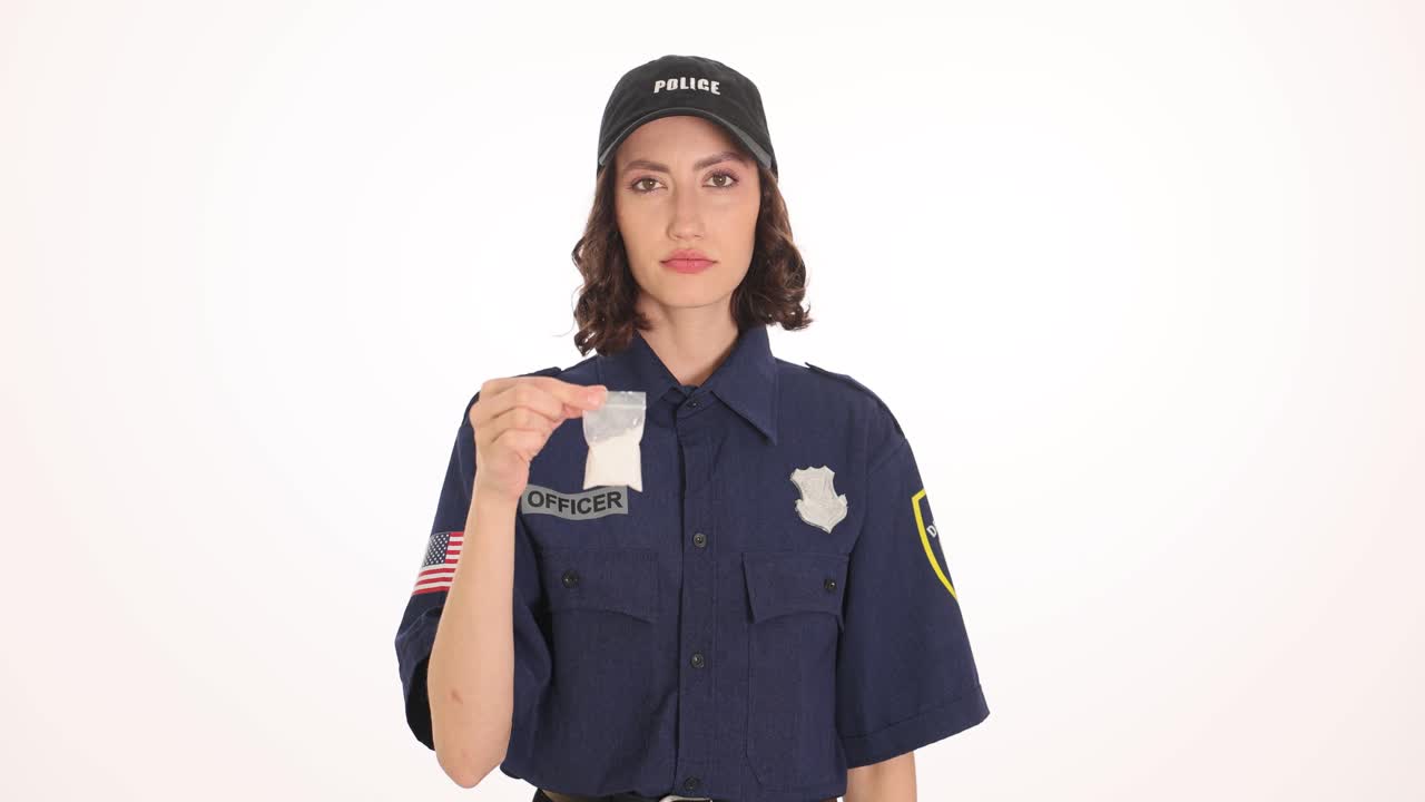 Female Police Officer Displaying a Bag of White Powder