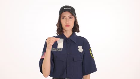 female police officer displaying a bag of white powder