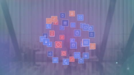 animación de la red de conexiones con iconos y puntos de luz sobre el paisaje urbano