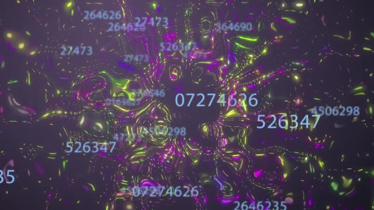 Animation of data processing and colorful shapes on black background