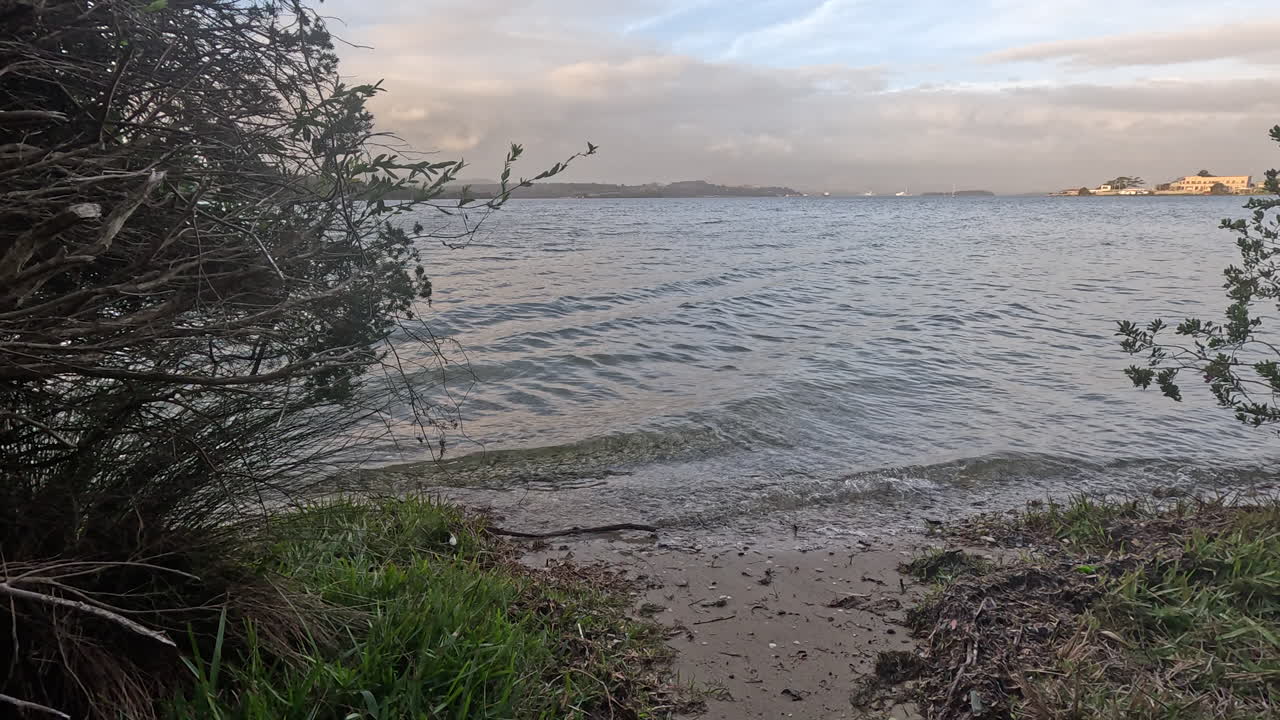 Footage captures a small beach inlet with gentle waves lapping against the shore. Bushes line the edge, creating a natural setting. The sky is partly cloudy, highlighting the water's movement