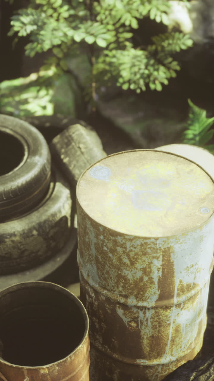 Sunlit rustic setting featuring vintage metalware and natural surroundings