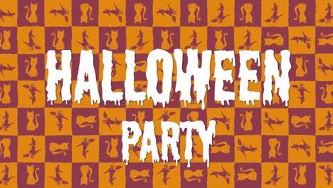 Animation-Einer-Halloween-Party-über-Quadraten-Mit-Katzen-Und-Hexen-Auf-Rotem-Und-Orangefarbenem-Hintergrund