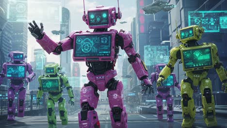 a vibrant scene of colorful cartoon-style robots in a futuristic city, showcasing their unique designs and interactive screens as they navigate through a bustling urban landscape