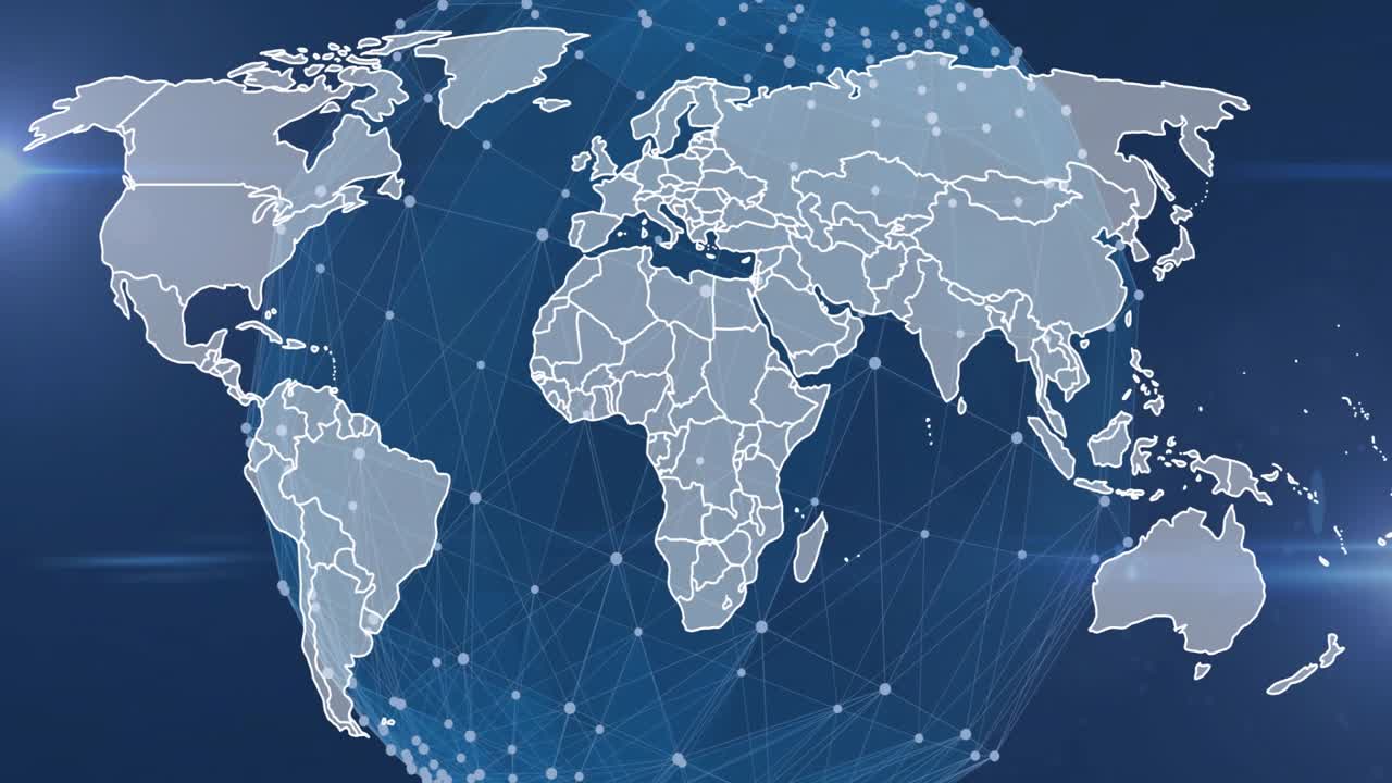 Partial 3D mesh globe revealing Americas rotating worldwide pulsing nodes showing global network