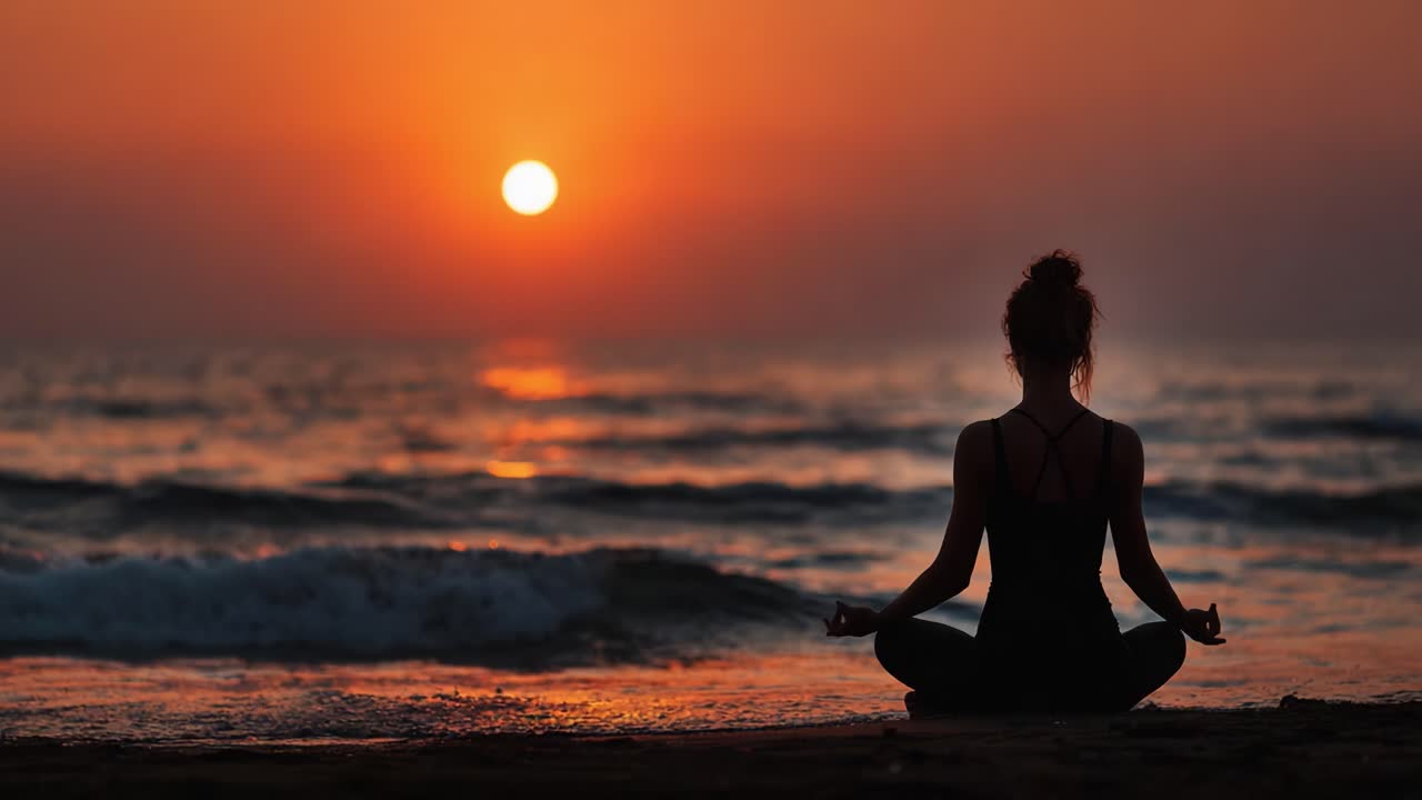A Serene Sunset Meditation: Capturing the Tranquility of a Reflective Figure Practicing Mindfulness by the Ocean as the Day Transitions into Night
