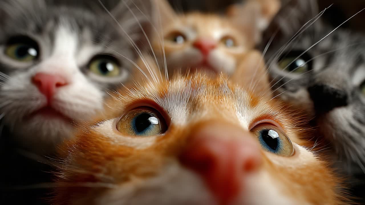 Gattini Curiosi si Radunano: Un Primo Piano di Adorabili Volti di Gatti con Vari Colori ed Espressioni Catturati in Due Fotogrammi di un Momento Commovente