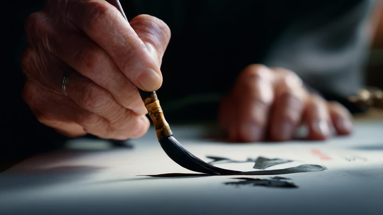 An artist's hand gracefully glides over paper, skillfully wielding a brush to create a beautiful ink masterpiece, showcasing the delicate art of traditional painting techniques