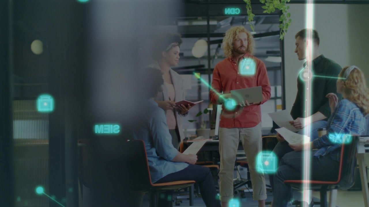 Lead walking in opening laptop, leading office update, team noting docs, teal data annotating glass