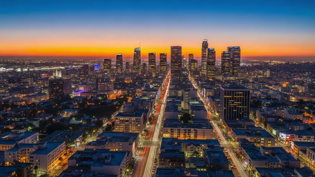 Stunning Aerial View of a Bustling City Skyline at Sunset to Nightfall, Showcasing Urban Life, Vibrant Streets, and Dazzling Lights in an Expansive Metropolis