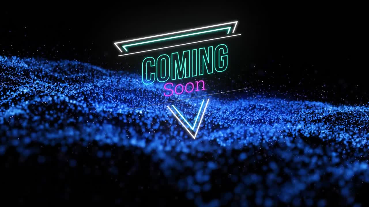Animation of comming soon text over blue spots on black background