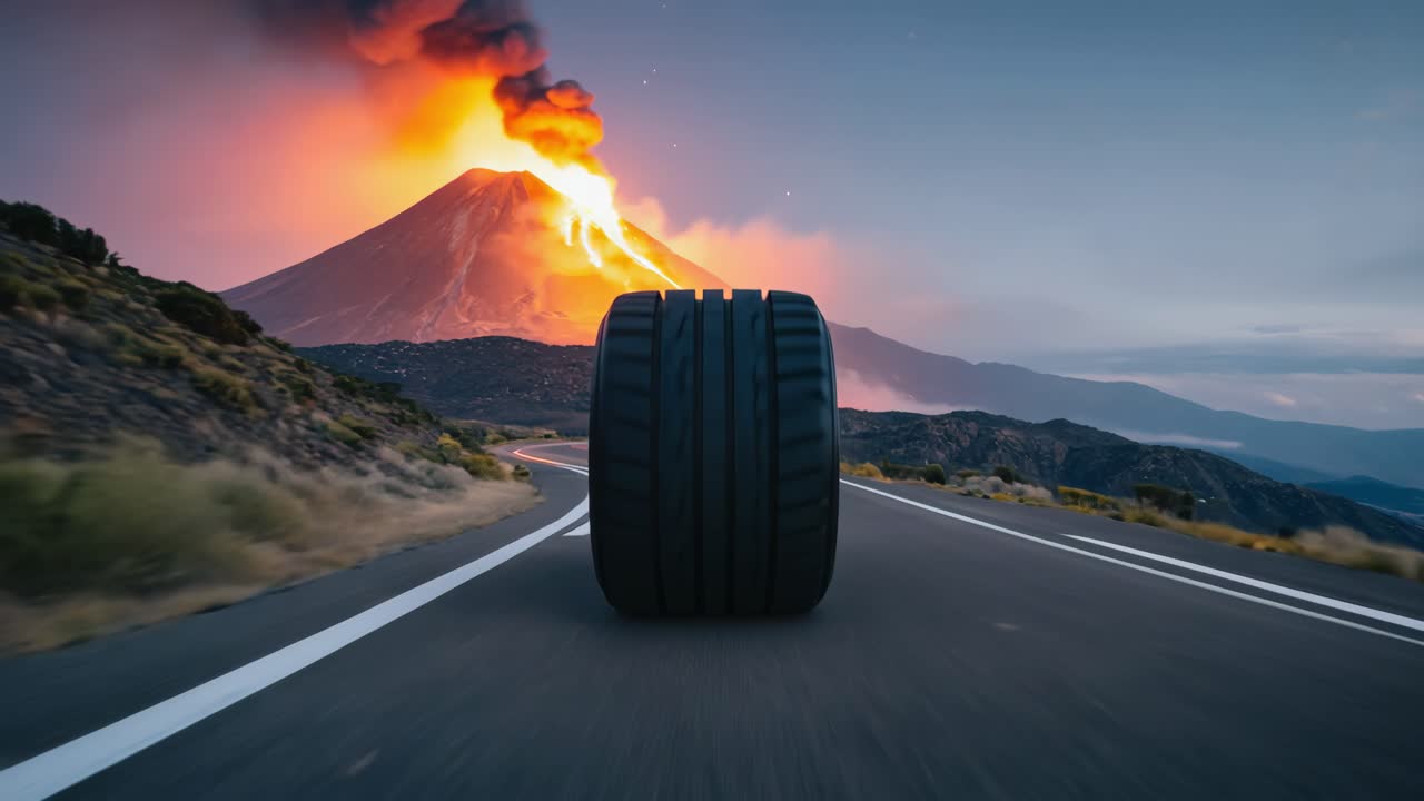 Tire Rolling Down a Road with an Erupting Volcano