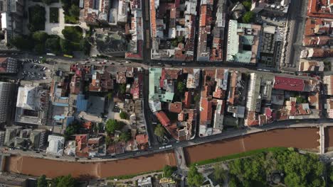 Aerial-drone-view-of-the-historical-old-town-hall,-a-rich-city-of-Bosnia-where-cultural-heritages-coexist