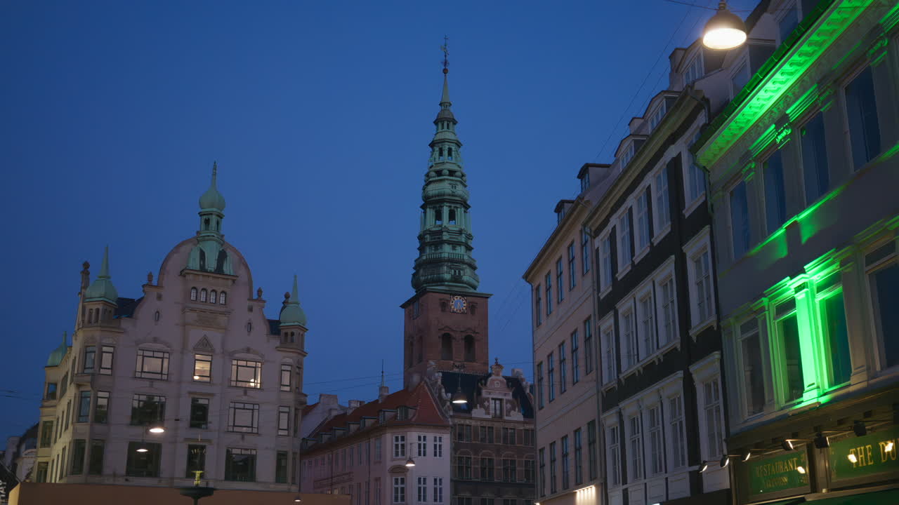 Distant view of the Christiansborg Palace in Copenhagen, Denmark in the evening