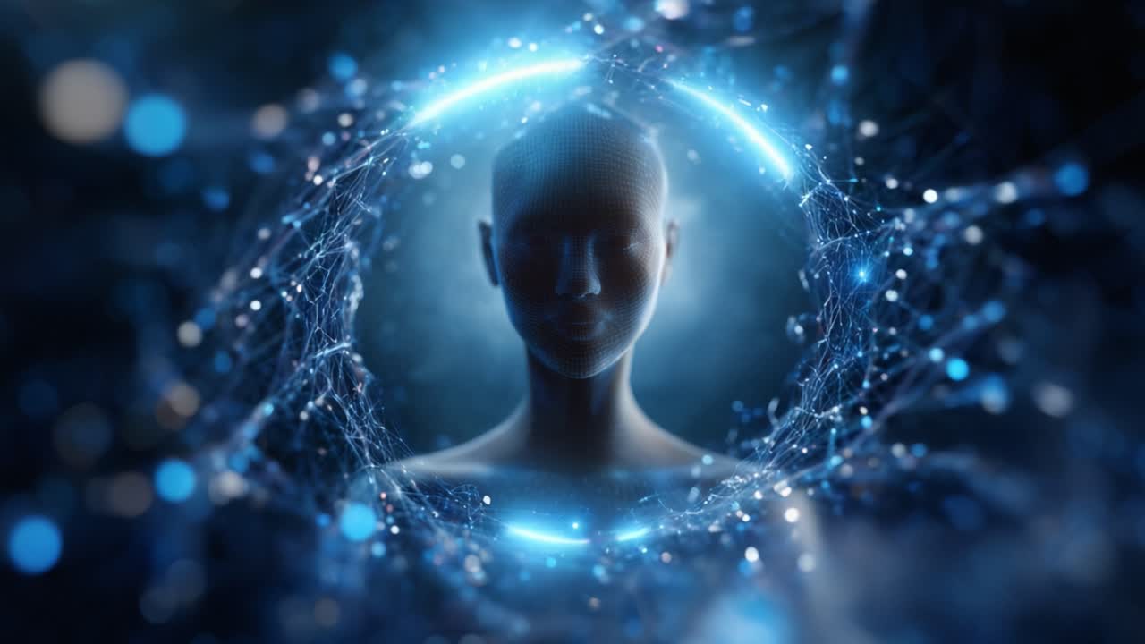Digitální zobrazení lidské postavy obklopené zářící sítí modrých částic a světla, ilustrující koncepty technologie a propojení.