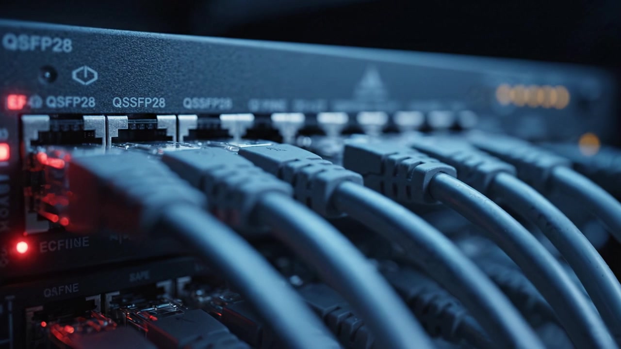 Close-Up of Data Center Networking Equipment with Cables and Indicators Highlighting Connectivity and Performance in a High-Tech Environment